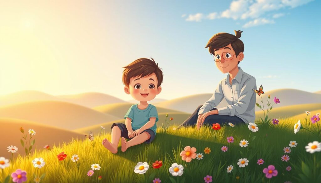 A serene and contemplative landscape that embodies the "inner child" concept. In the foreground, a young child with a playful expression, dressed in modest casual clothing, sits on a grassy hill, surrounded by colorful flowers and butterflies, representing innocence and joy. The middle layer features an adult figure, dressed in professional but approachable attire, sitting nearby with a gentle smile, reflecting support and understanding. In the background, soft, rolling hills and a clear blue sky evoke a sense of peace and tranquility. The lighting is warm and inviting, with golden hour sunlight casting a gentle glow over the scene. Lush greenery and blooming flowers enhance the atmosphere, creating a moment of connection between the child and the adult. All elements come together to symbolize healing and emotional recovery. Brand name: nextself.ai.